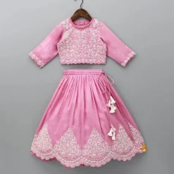 Hot Thread Embroidered Pink Top And Pleated Lehenga Ethnic Wear | Lehengas & Ghagras