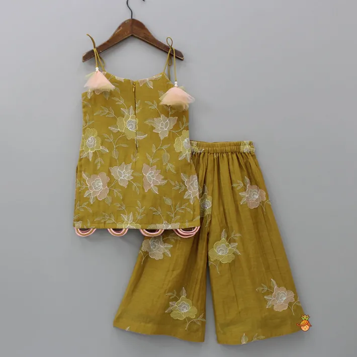 Clearance Thread Embroidered Tie Up Strap Kurti And Palazzo With Dupatta Ethnic Wear | Palazzos & Shararas