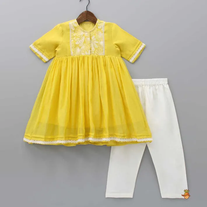 New Thread Embroidered Yoke Kurti And Off White Pant Ethnic Wear | Churidars & Salwars
