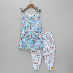 Hot Tie Up Straps Floral Printed Blue Kurti And Chevron Dhoti Ethnic Wear | Dhotis & Patialas