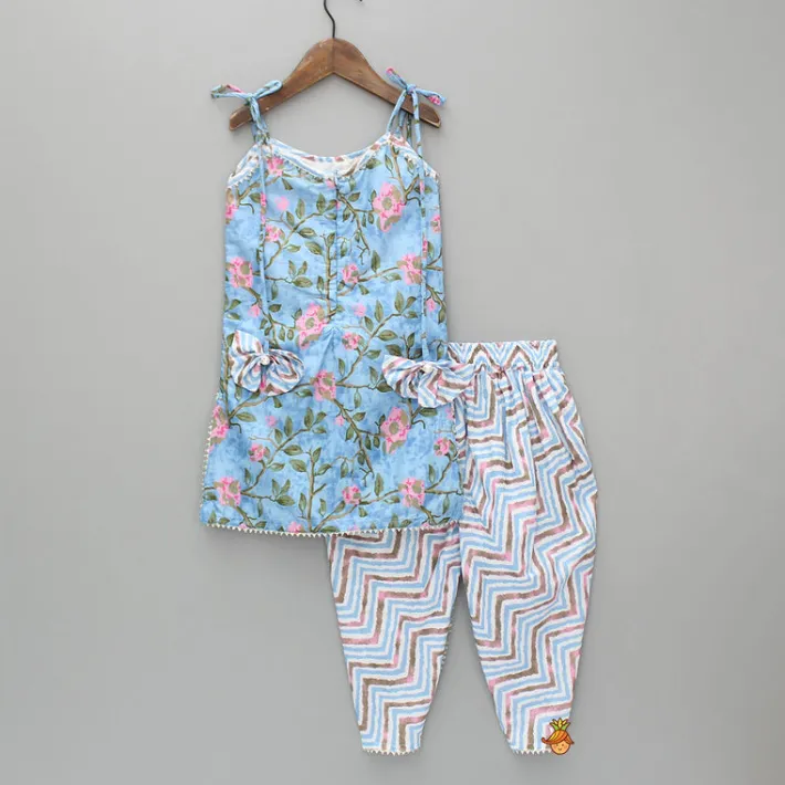Hot Tie Up Straps Floral Printed Blue Kurti And Chevron Dhoti Ethnic Wear | Dhotis & Patialas