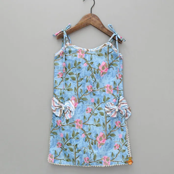 Hot Tie Up Straps Floral Printed Blue Kurti And Chevron Dhoti Ethnic Wear | Dhotis & Patialas