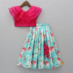 Discount Triple Organza Layered Fuchsia Pink Flap Top And Floral Embroidered Aqua Blue Lehenga Ethnic Wear | Lehengas & Ghagras