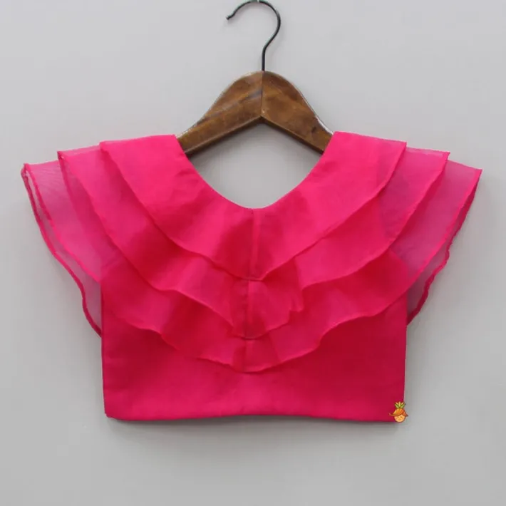 Discount Triple Organza Layered Fuchsia Pink Flap Top And Floral Embroidered Aqua Blue Lehenga Ethnic Wear | Lehengas & Ghagras