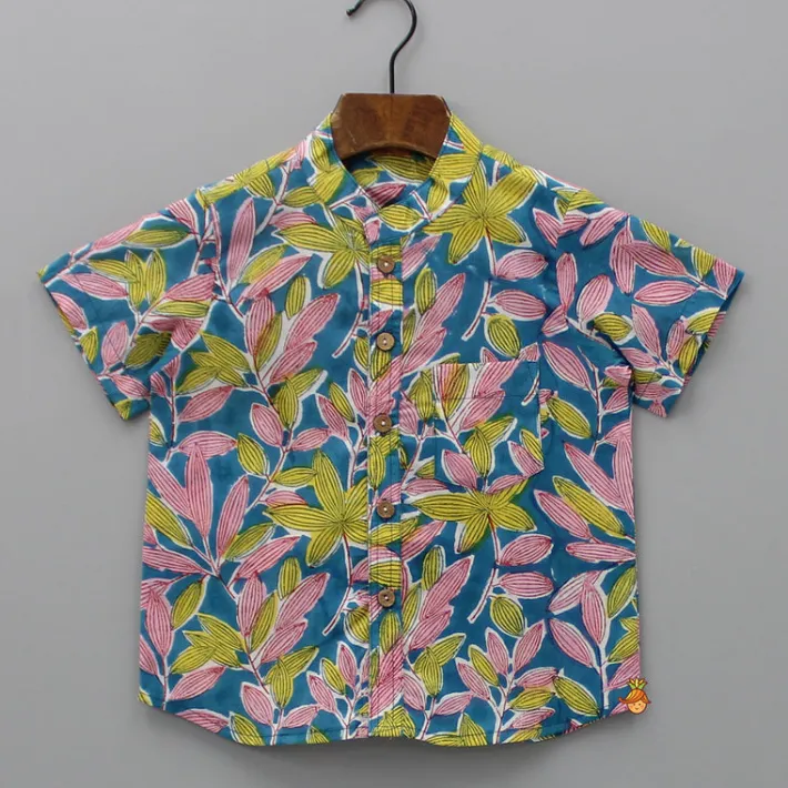 Sale Tropical Leaves Printed Teal Blue Shirt BOY Shirts & Tees