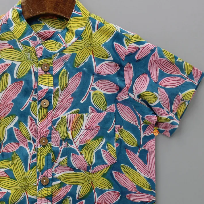 Sale Tropical Leaves Printed Teal Blue Shirt BOY Shirts & Tees