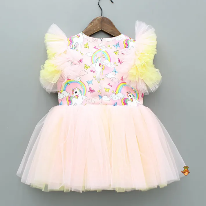 New Unicorn Printed Dual Tone Frilly Dress With Matching Sling Bag Dresses & Sets | Dresses