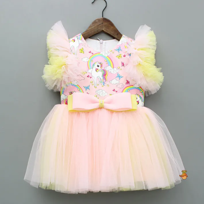 New Unicorn Printed Dual Tone Frilly Dress With Matching Sling Bag Dresses & Sets | Dresses