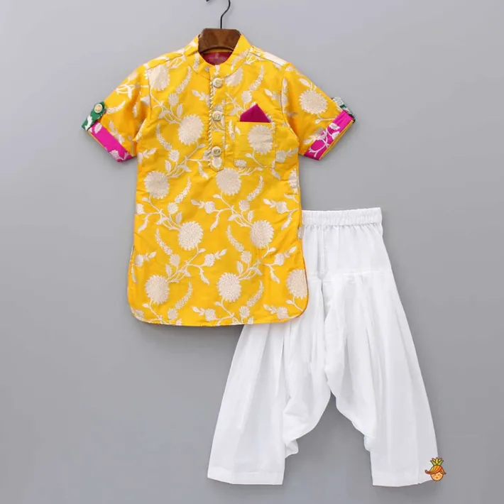 Sale Upturned Sleeves Yellow Floral Brocade Kurta With Patiala BOY Indian Ethnic Wear | Ethnic Sets