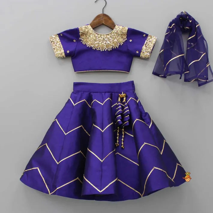 Clearance V Cut Back Embroidered Purple Top And Gota Lace Detail Lehenga With Matching Checks Dupatta Ethnic Wear | Lehengas & Ghagras