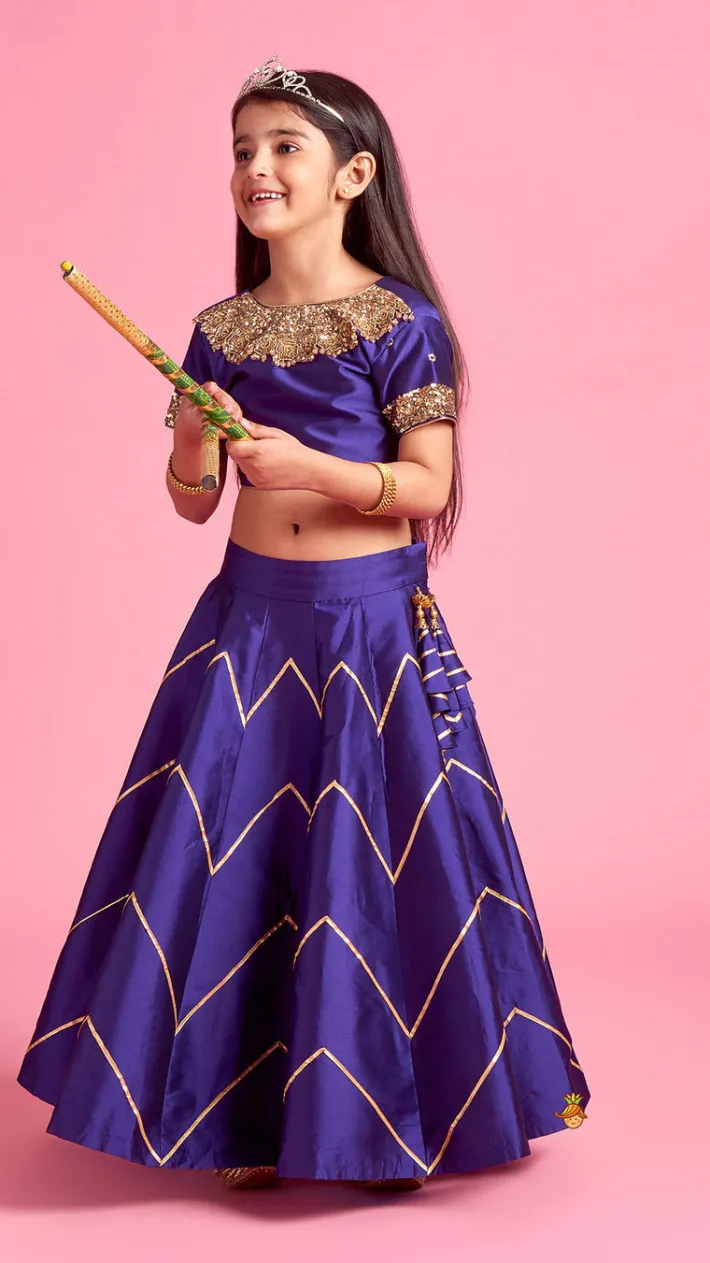 Clearance V Cut Back Embroidered Purple Top And Gota Lace Detail Lehenga With Matching Checks Dupatta Ethnic Wear | Lehengas & Ghagras
