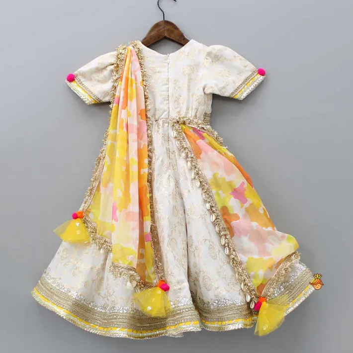Clearance V Neck Chanderi Embroidered Off White Anarkali With Attached Multicolour Printed Dupatta Ethnic Wear | Sarees & Anarkalis
