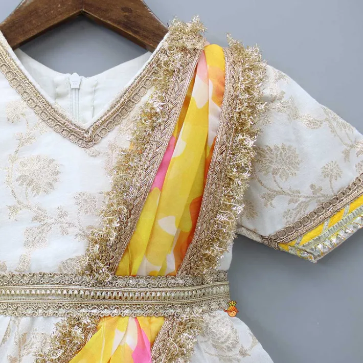 Clearance V Neck Chanderi Embroidered Off White Anarkali With Attached Multicolour Printed Dupatta Ethnic Wear | Sarees & Anarkalis