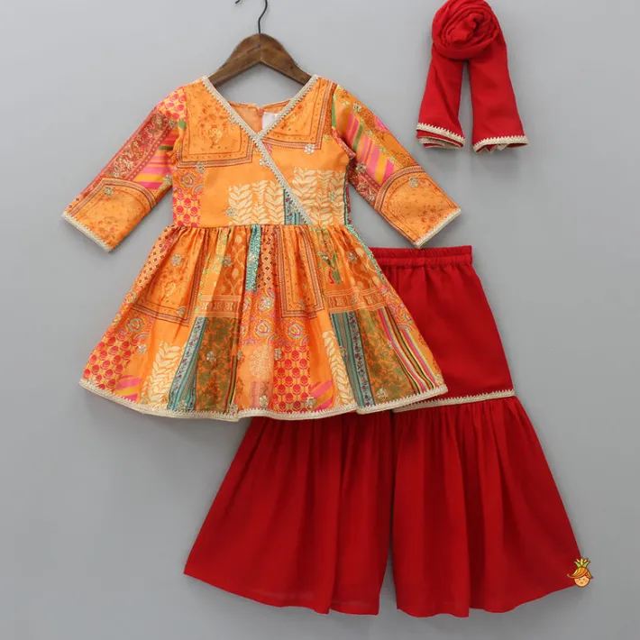 Fashion V Neck Multicolour Printed Kurti And Red Sharara With Matching Dupatta Ethnic Wear | Palazzos & Shararas