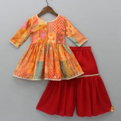 Fashion V Neck Multicolour Printed Kurti And Red Sharara With Matching Dupatta Ethnic Wear | Palazzos & Shararas
