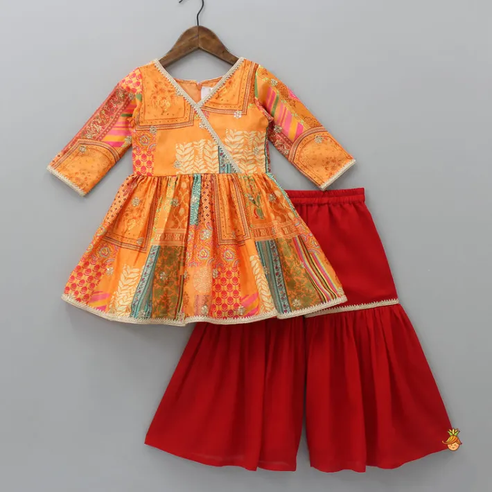 Fashion V Neck Multicolour Printed Kurti And Red Sharara With Matching Dupatta Ethnic Wear | Palazzos & Shararas