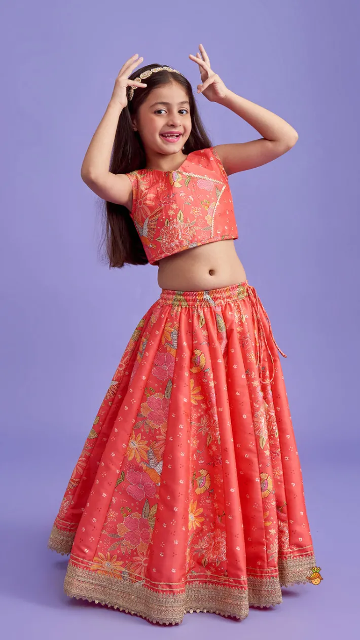 Online V Neck Peach Top And Printed Lehenga With Hair Band Ethnic Wear | Lehengas & Ghagras