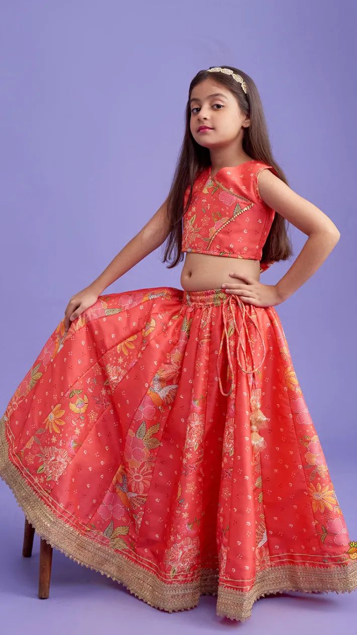 Online V Neck Peach Top And Printed Lehenga With Hair Band Ethnic Wear | Lehengas & Ghagras