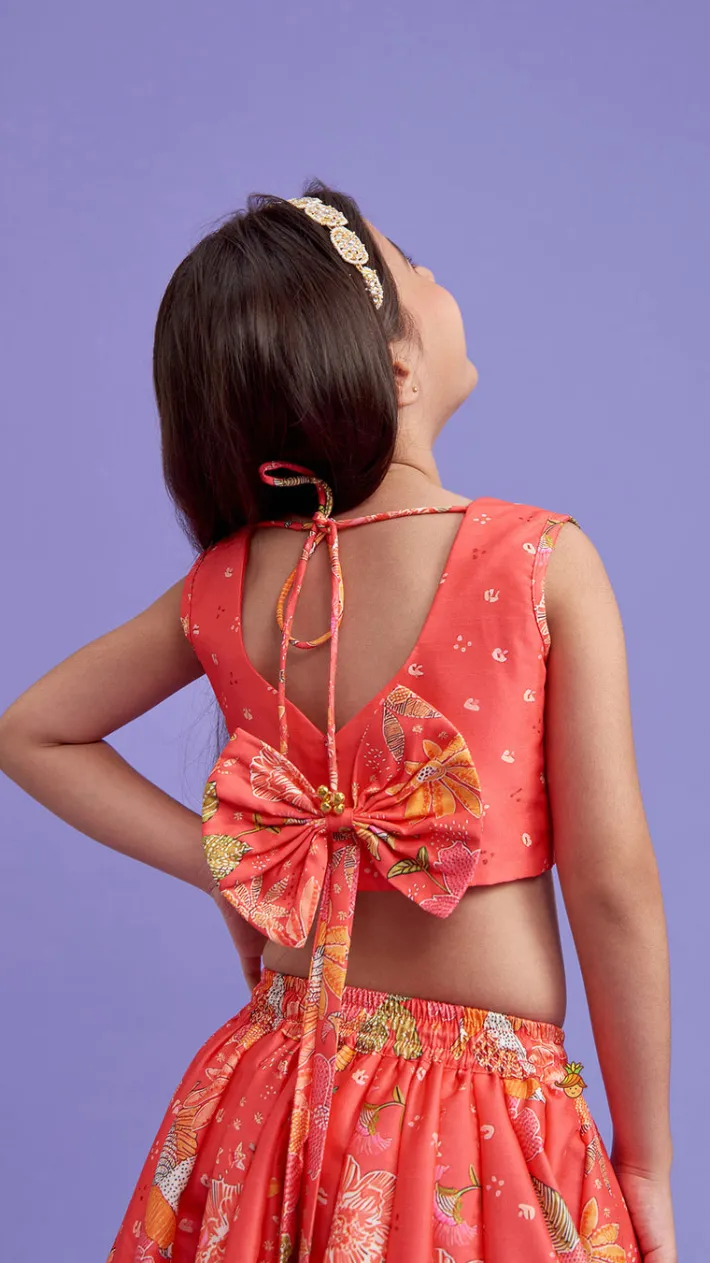 Online V Neck Peach Top And Printed Lehenga With Hair Band Ethnic Wear | Lehengas & Ghagras
