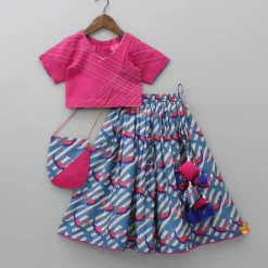 New V Neck Short Sleeves Pink Top And Peacock Printed Flared Palazzo With Sling Bag Twinning Sets | Ethnic Wear
