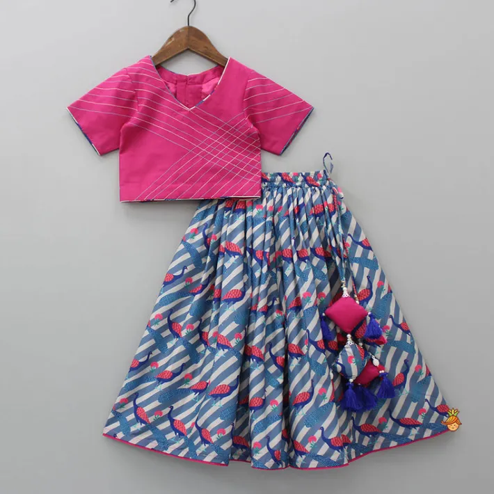 New V Neck Short Sleeves Pink Top And Peacock Printed Flared Palazzo With Sling Bag Twinning Sets | Ethnic Wear