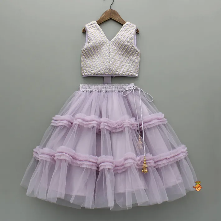 Hot V Neck Sleeveless Lavender Top And Ruffle Frilly Lehenga Ethnic Wear | Lehengas & Ghagras