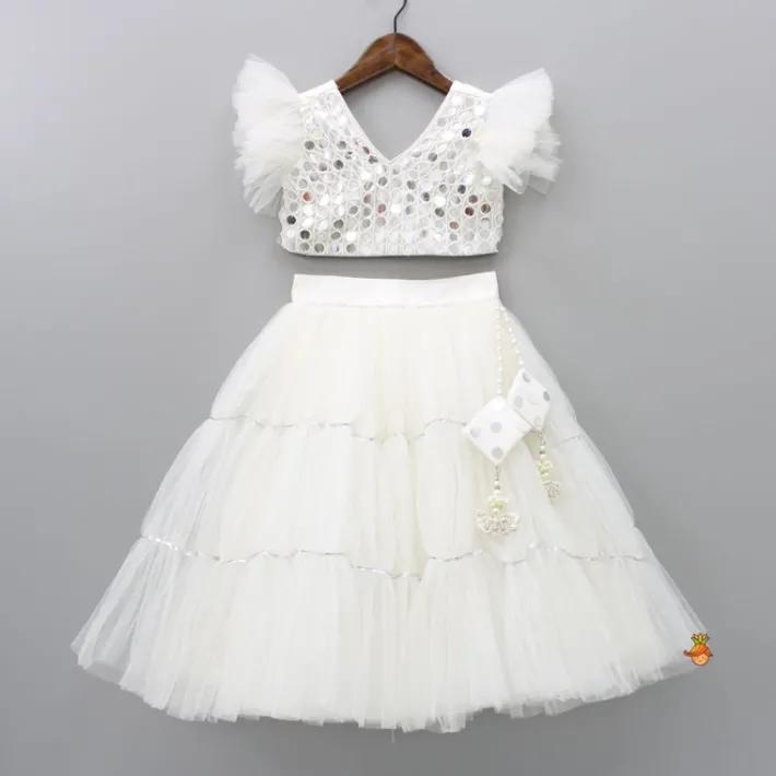 Sale V Neck White Beaded Top And Pearly Tassels Enhanced Tiered Lehenga With Organza Dupatta Ethnic Wear | Lehengas & Ghagras