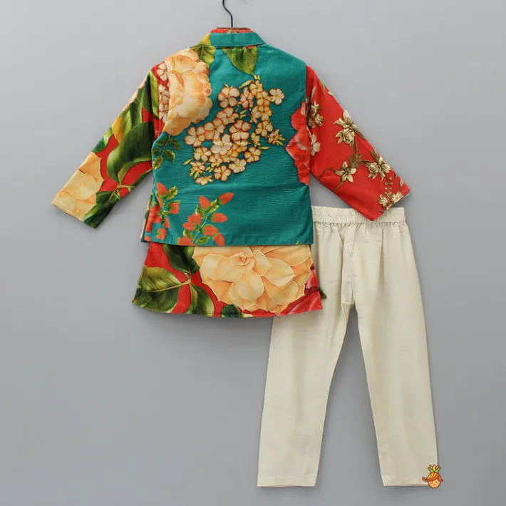 Clearance Velvet Floral Printed Orange Kurta With Green Velvet Jacket And Pyjama BOY Indian Ethnic Wear | Ethnic Sets