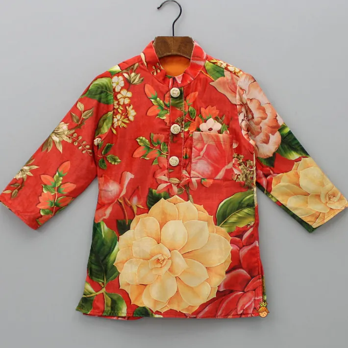 Clearance Velvet Floral Printed Orange Kurta With Green Velvet Jacket And Pyjama BOY Indian Ethnic Wear | Ethnic Sets