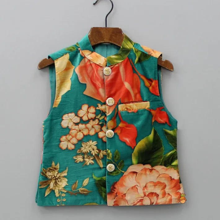 Clearance Velvet Floral Printed Orange Kurta With Green Velvet Jacket And Pyjama BOY Indian Ethnic Wear | Ethnic Sets