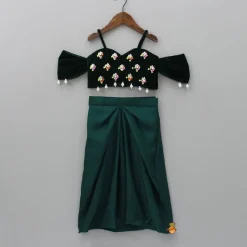 Hot Velvet Green Off Shoulder Top And Dhoti Style Skirt Ethnic Wear | Dhotis & Patialas