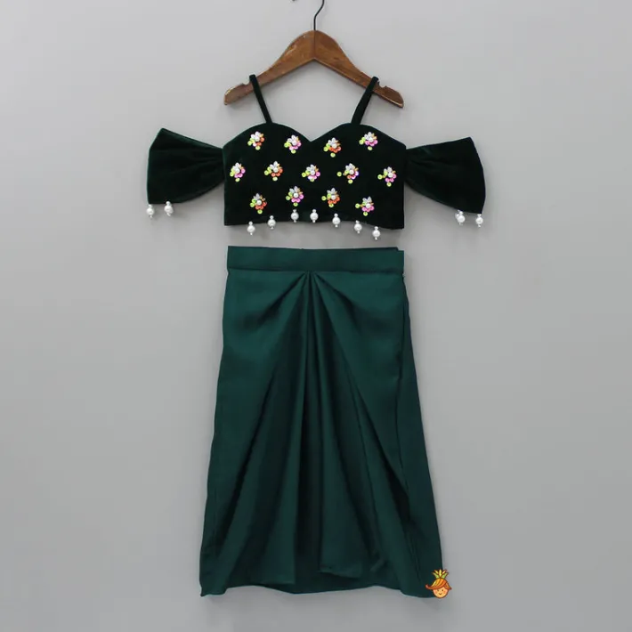 Hot Velvet Green Off Shoulder Top And Dhoti Style Skirt Ethnic Wear | Dhotis & Patialas