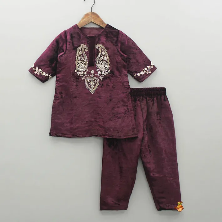 Online Velvet Zardozi Embroidered Kurti And Pant Ethnic Wear | Churidars & Salwars