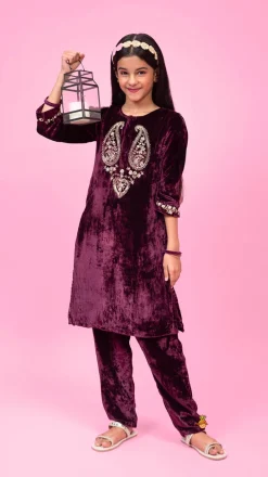 Online Velvet Zardozi Embroidered Kurti And Pant Ethnic Wear | Churidars & Salwars