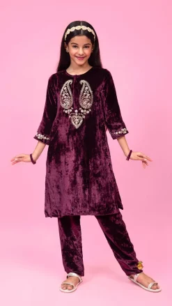 Online Velvet Zardozi Embroidered Kurti And Pant Ethnic Wear | Churidars & Salwars