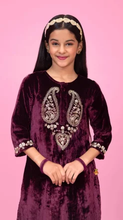 Online Velvet Zardozi Embroidered Kurti And Pant Ethnic Wear | Churidars & Salwars