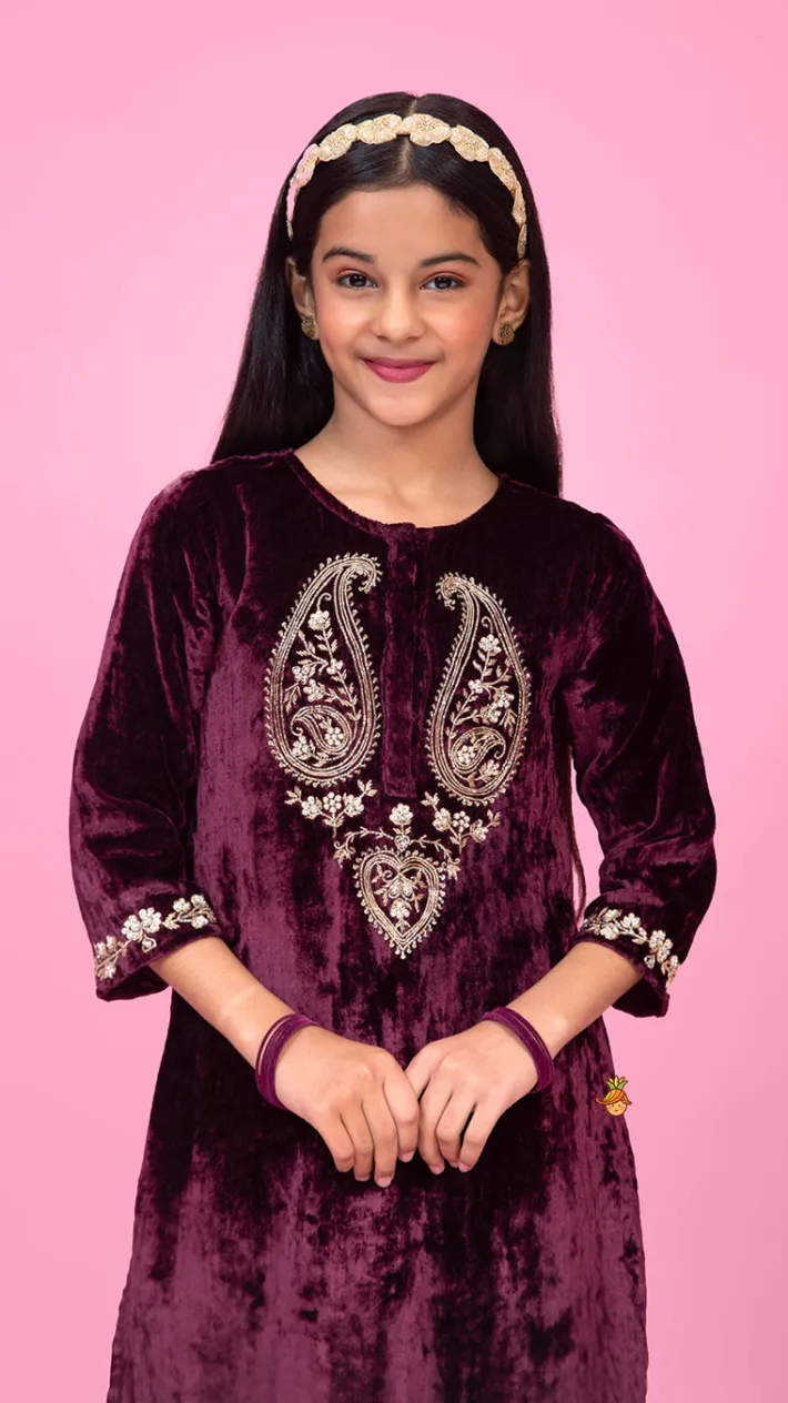 Online Velvet Zardozi Embroidered Kurti And Pant Ethnic Wear | Churidars & Salwars