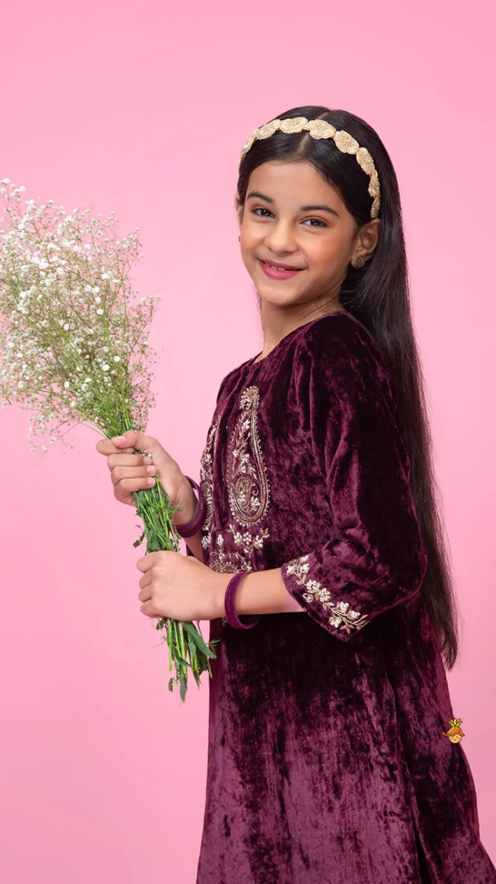 Online Velvet Zardozi Embroidered Kurti And Pant Ethnic Wear | Churidars & Salwars