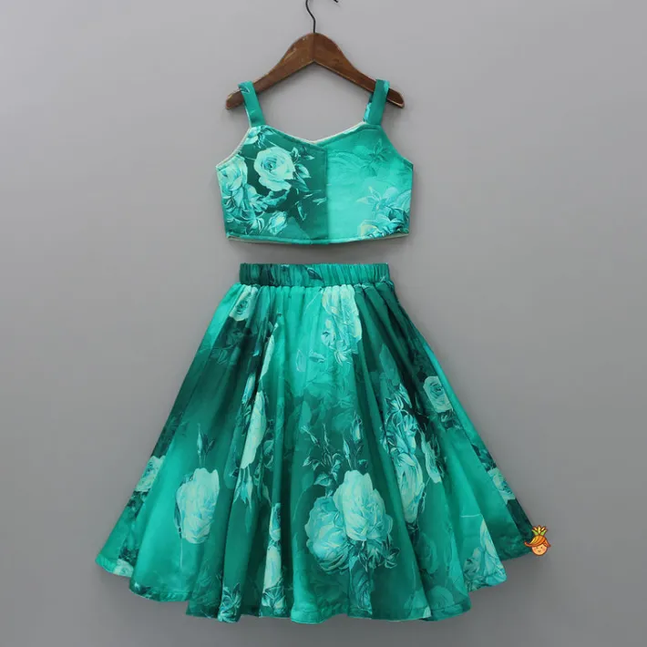 Fashion Vibrant Floral Printed Green Stylish Crop Top And Lehenga Ethnic Wear | Lehengas & Ghagras