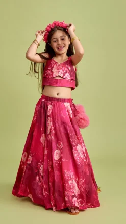 Clearance Vibrant Floral Printed Pink Stylish Crop Top And Lehenga Ethnic Wear | Lehengas & Ghagras