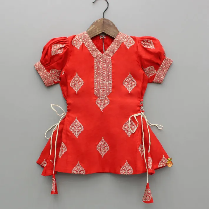 New V-Neck Embroidered Red Top And Patch Pocket Detail Pant Ethnic Wear | Churidars & Salwars