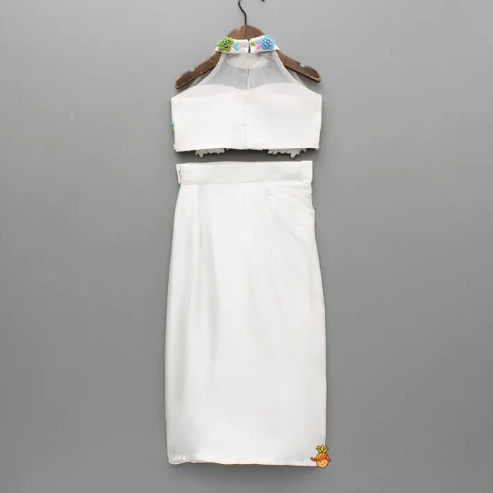 Best White Embroidered Embellished Halter Neck Top With Dhoti Style Skirt Ethnic Wear | Dhotis & Patialas