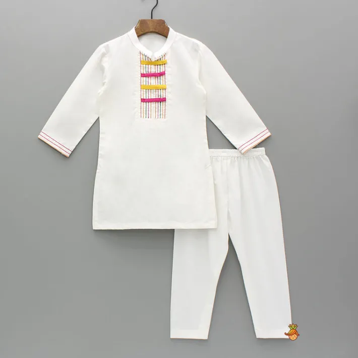 Sale White Embroidery Detailed Kurta And Pyjama BOY Indian Ethnic Wear | Ethnic Sets