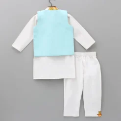 Outlet White Kurta With Asymmetric Printed Dual Tone Jacket And Pyjama BOY Indian Ethnic Wear | Ethnic Sets