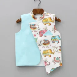 Outlet White Kurta With Asymmetric Printed Dual Tone Jacket And Pyjama BOY Indian Ethnic Wear | Ethnic Sets