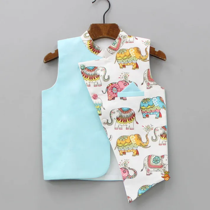Outlet White Kurta With Asymmetric Printed Dual Tone Jacket And Pyjama BOY Indian Ethnic Wear | Ethnic Sets