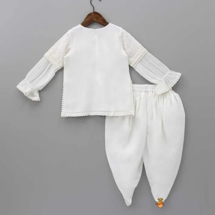 Outlet White Kurti And Tulip Style Dhoti With Net Dupatta Ethnic Wear | Dhotis & Patialas