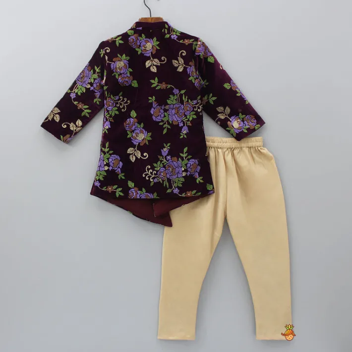 Hot Wine Floral Sherwani And Beige Churidar BOY Indian Ethnic Wear | Sherwani Sets