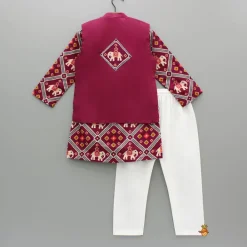Online Wine Patola Printed Kurta With Front Open Jacket And Pyjama BOY Twinning Sets | Indian Ethnic Wear