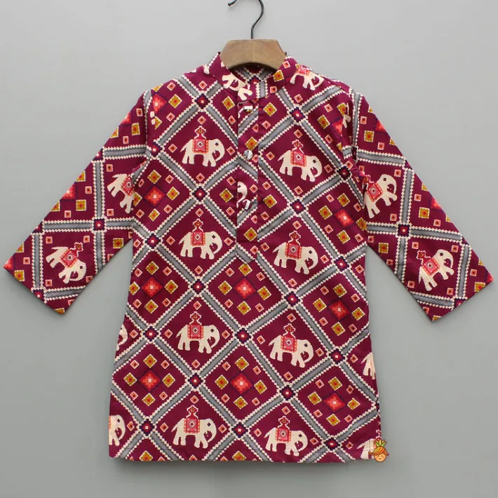 Online Wine Patola Printed Kurta With Front Open Jacket And Pyjama BOY Twinning Sets | Indian Ethnic Wear
